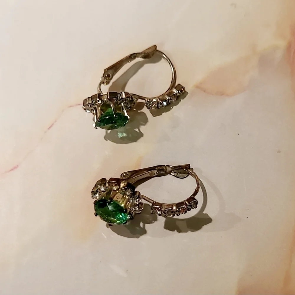 Vintage Green Crystal Rhinestone Lever back Earrings